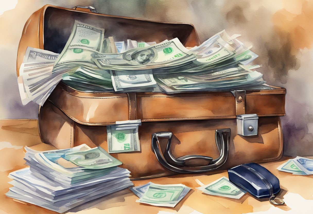 A stack of dollar bills overflowing from a briefcase, surrounded by financial documents and tax forms