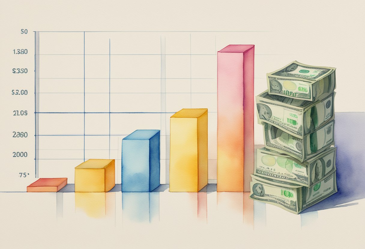 A stack of money grows larger while a graph shows steady upward progress