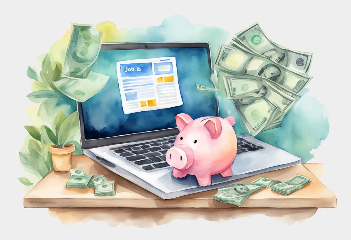 A laptop displaying a job board website with money flowing into a piggy bank, symbolizing passive income