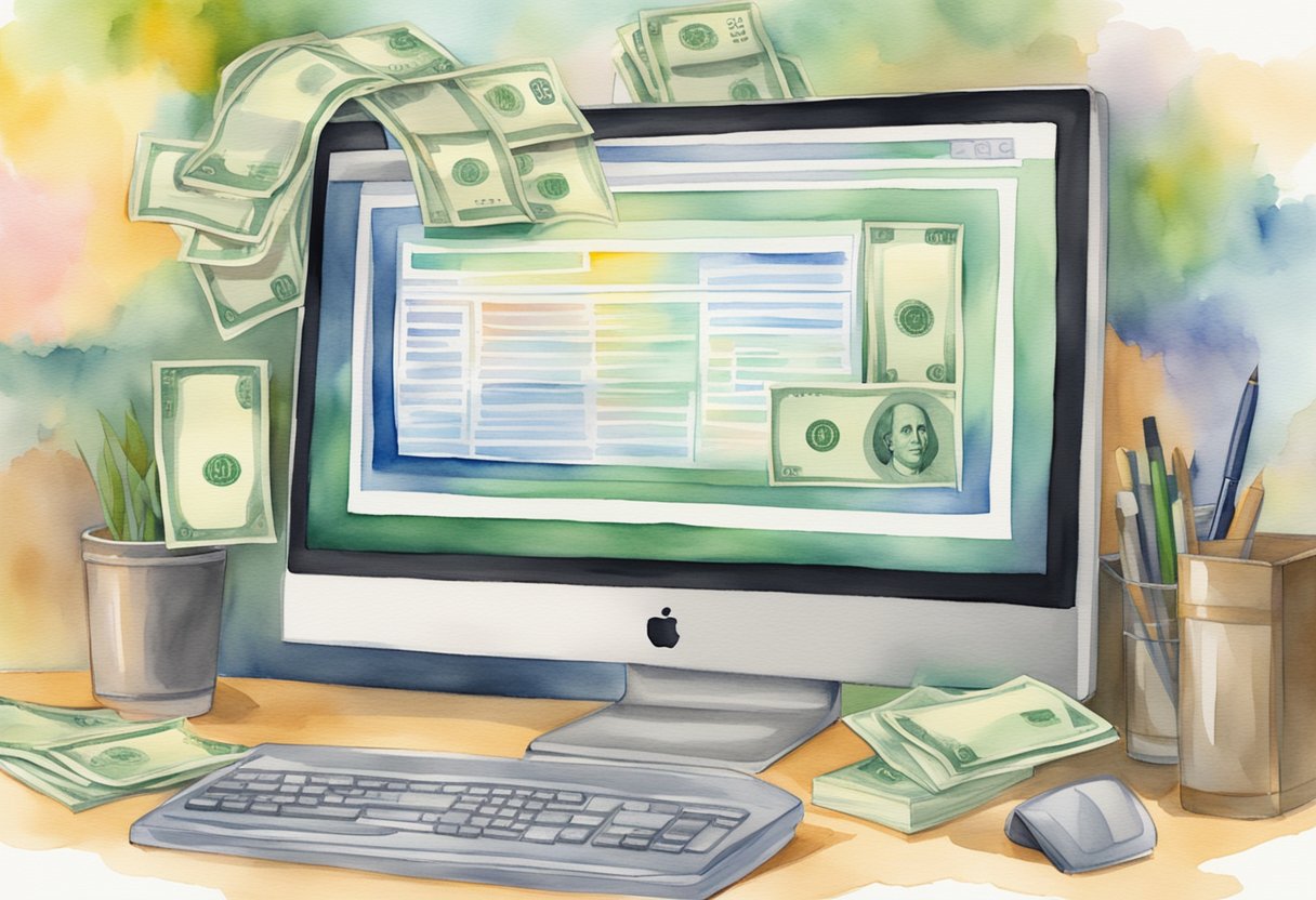 A computer screen displaying a job board with money flowing into a bank account