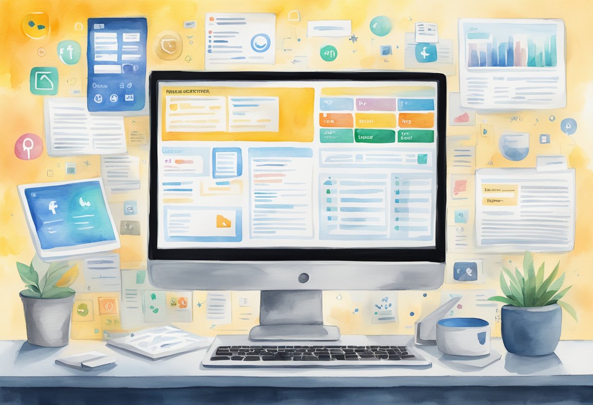 A computer screen displaying a job board with various job listings, surrounded by digital marketing strategies such as social media icons and email campaigns