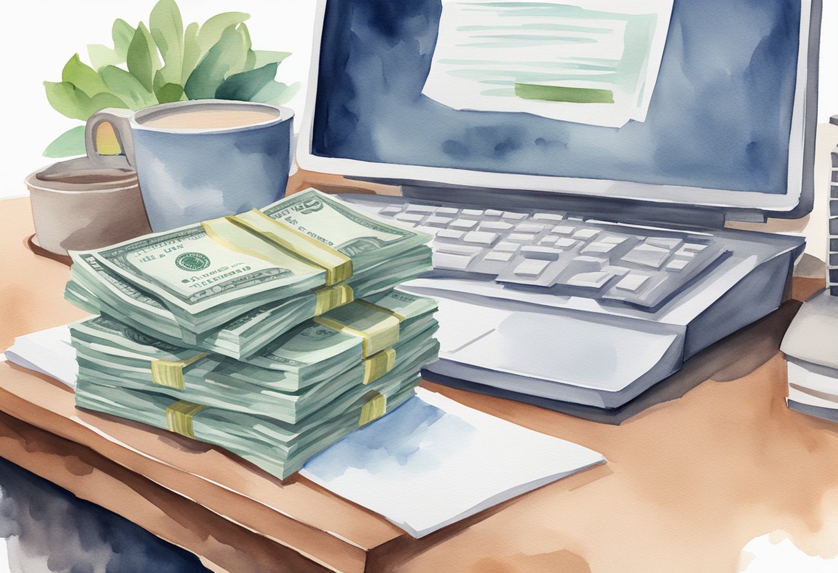 A stack of money sits next to a computer and a contract, symbolizing passive income from a job board