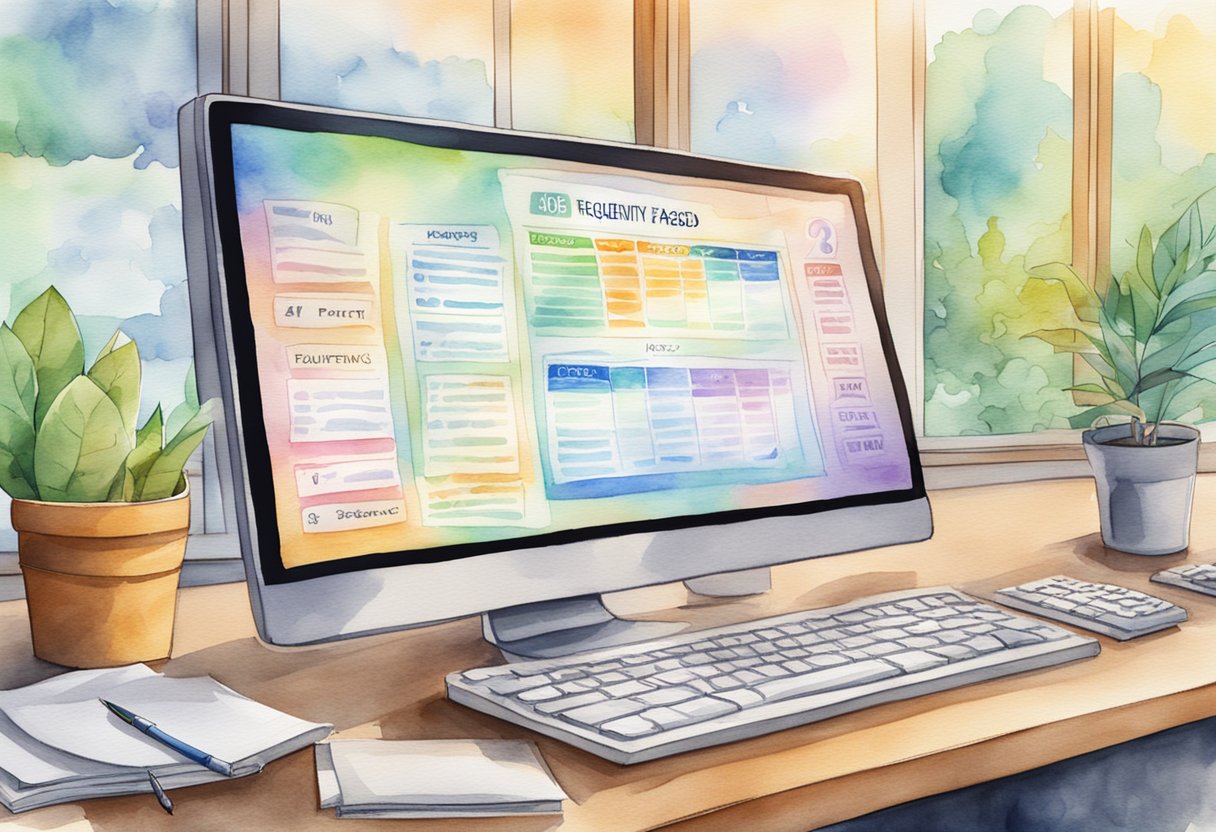 A computer screen displaying a job board with "Frequently Asked Questions" section highlighted. Money symbols and passive income concept in the background