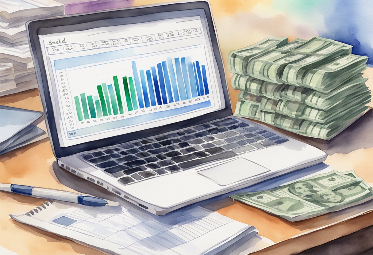 A laptop displaying a series of detailed spreadsheets, with a stack of cash and a sold sign in the background