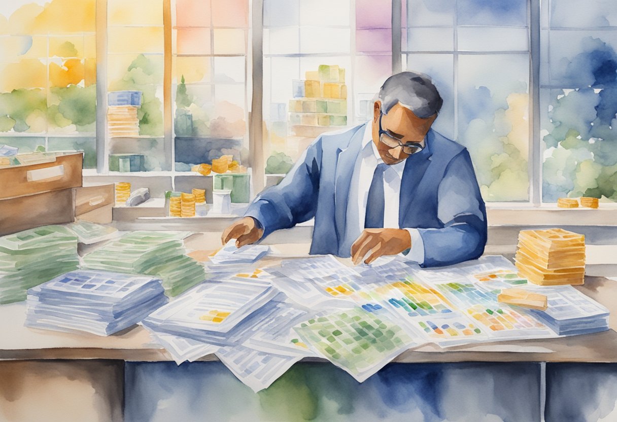 A person creating and selling spreadsheets, with money flowing in from various sources