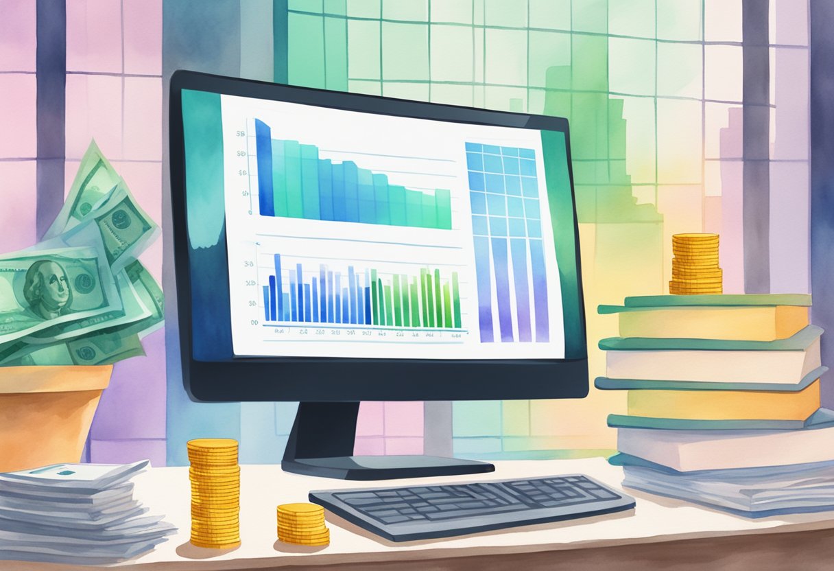 A computer displaying a spreadsheet with dollar signs and a graph, while a stack of money grows beside it