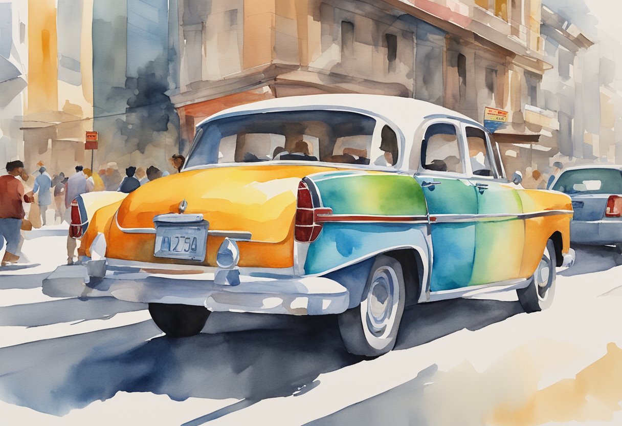 A car wrapped in colorful ads drives down a busy city street, catching the attention of pedestrians and other drivers