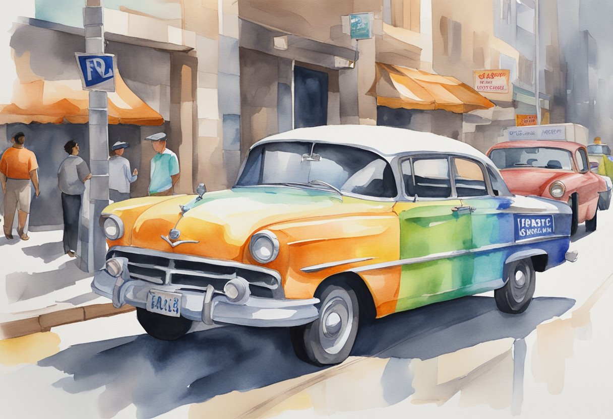 A car wrapped in colorful, eye-catching advertisements, parked in a busy urban area, with a clear message about avoiding scams and ensuring legitimacy