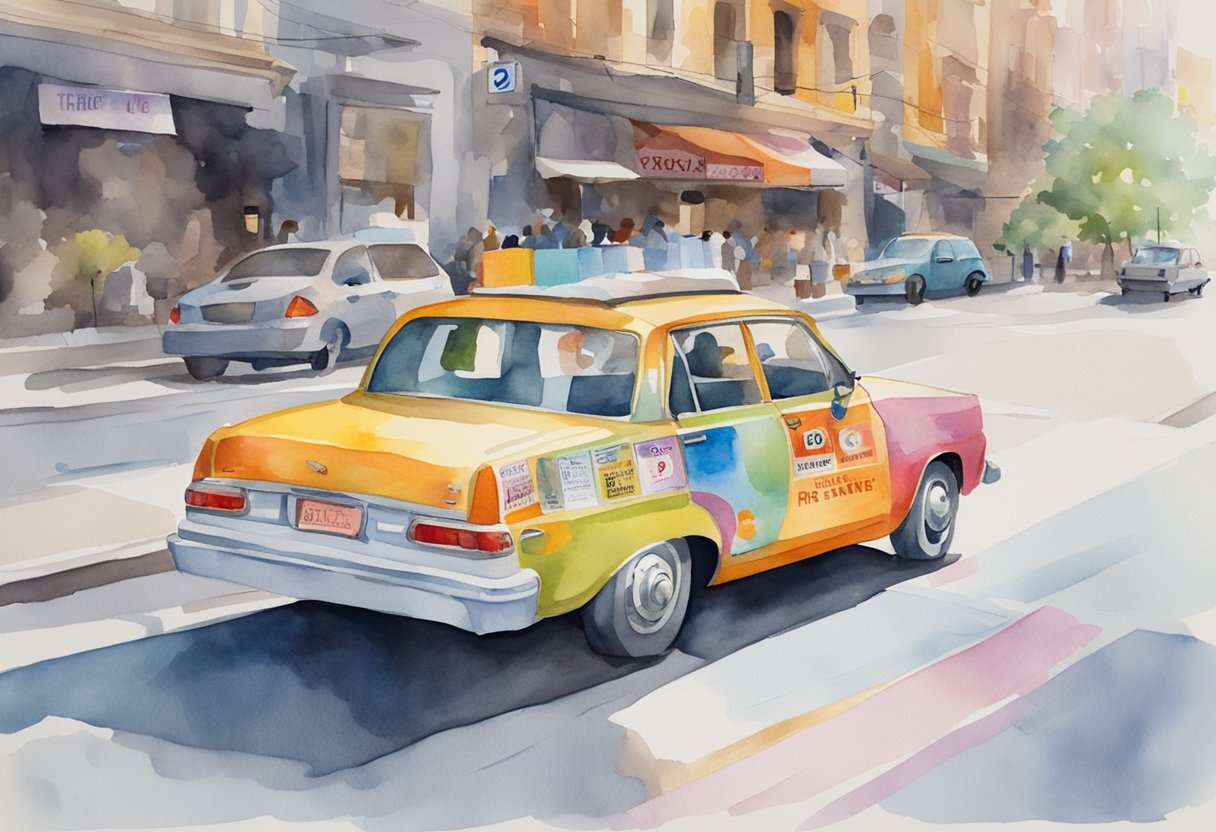 A car with colorful, eye-catching advertisements covering its exterior, driving through a busy city street, with a rideshare or delivery sticker displayed prominently