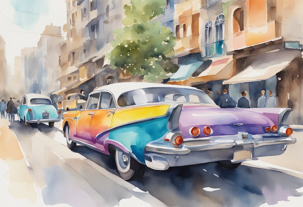 A car wrapped in colorful ads parked in a busy city street, with people passing by and glancing at the eye-catching designs