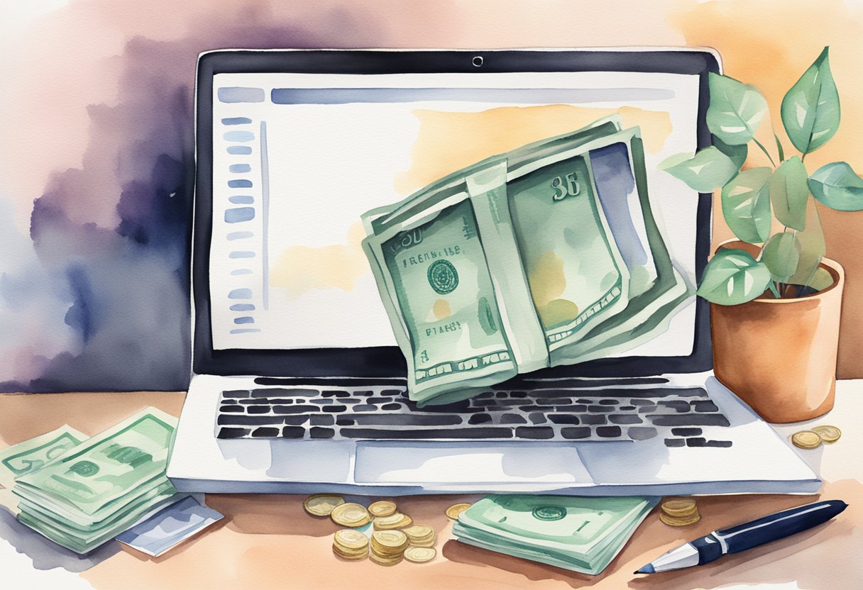 A laptop sits open on a desk, with a stack of money next to it, symbolizing passive income from writing an e-book