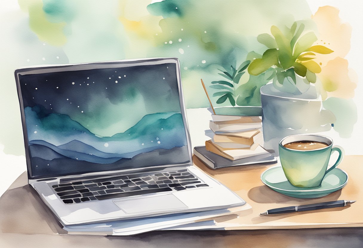 A laptop with an open e-book design software, surrounded by notes and a cup of coffee on a desk