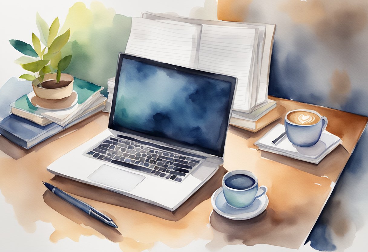 An open laptop on a desk with a stack of books and a cup of coffee. A royalty check and a pen lying nearby