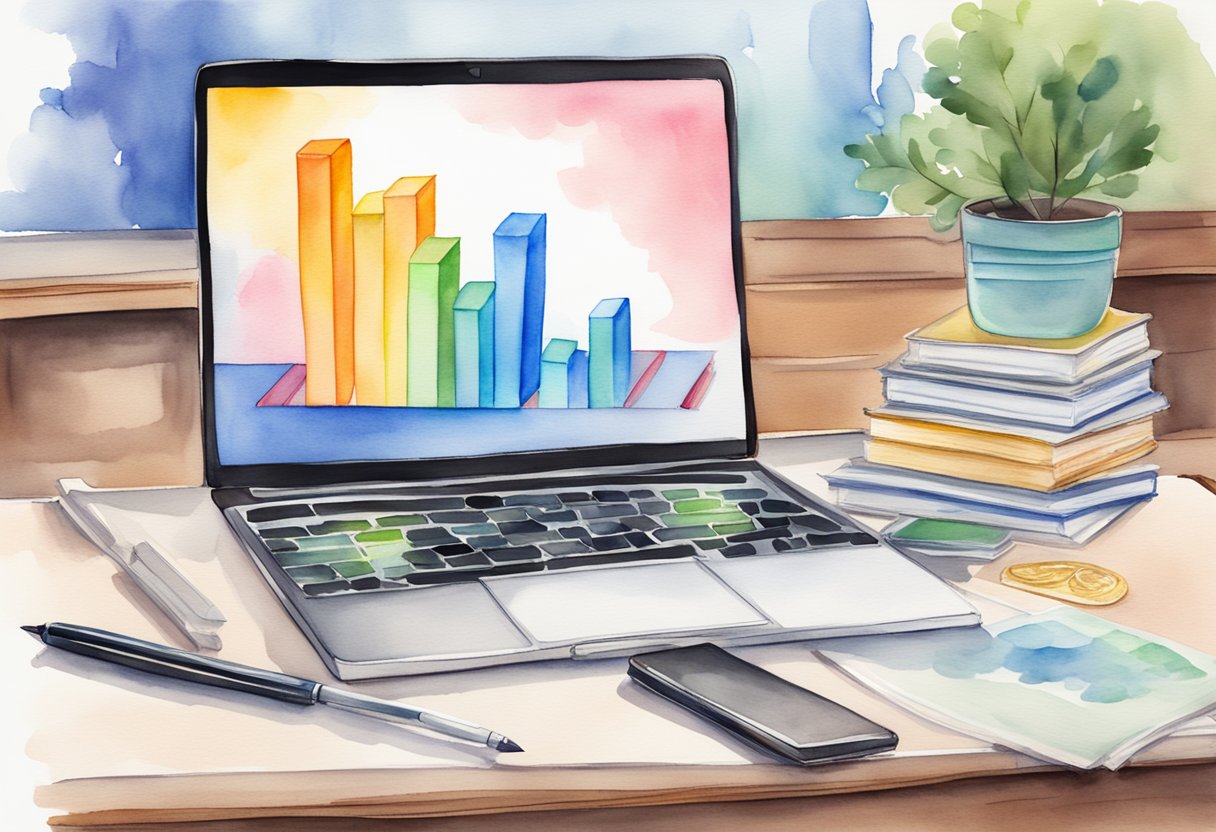 A laptop displaying a graph of increasing sales, a stack of money, and a book with a "bestseller" badge