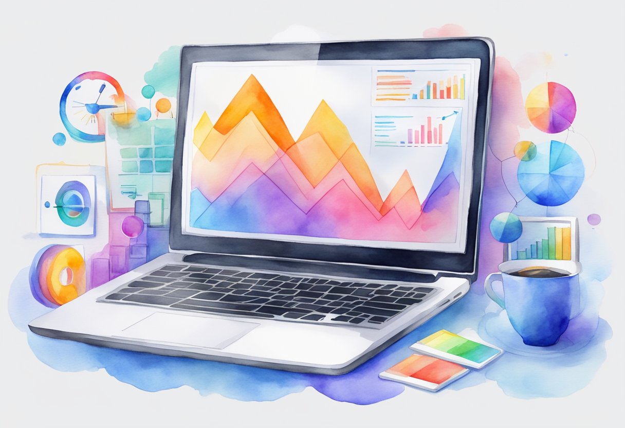 A laptop displaying a graph of increasing revenue, surrounded by various channels like online courses, affiliate marketing, and advertising