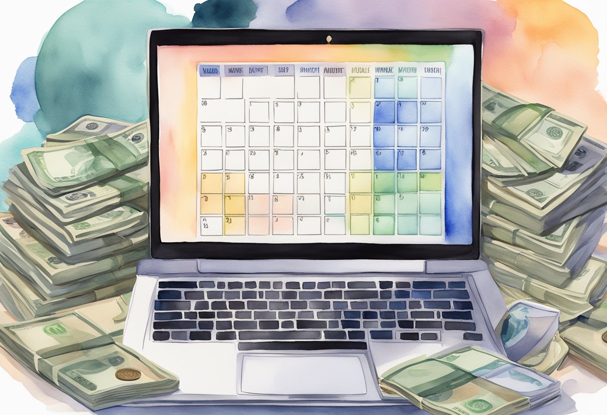 A laptop surrounded by stacks of money and a calendar with passive income dates circled
