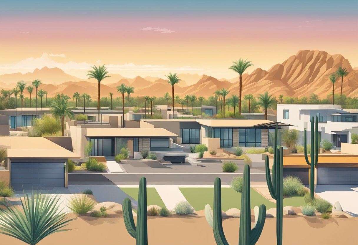 A sunny desert landscape in Phoenix, AZ with modern homes, palm trees, and a bustling real estate market
