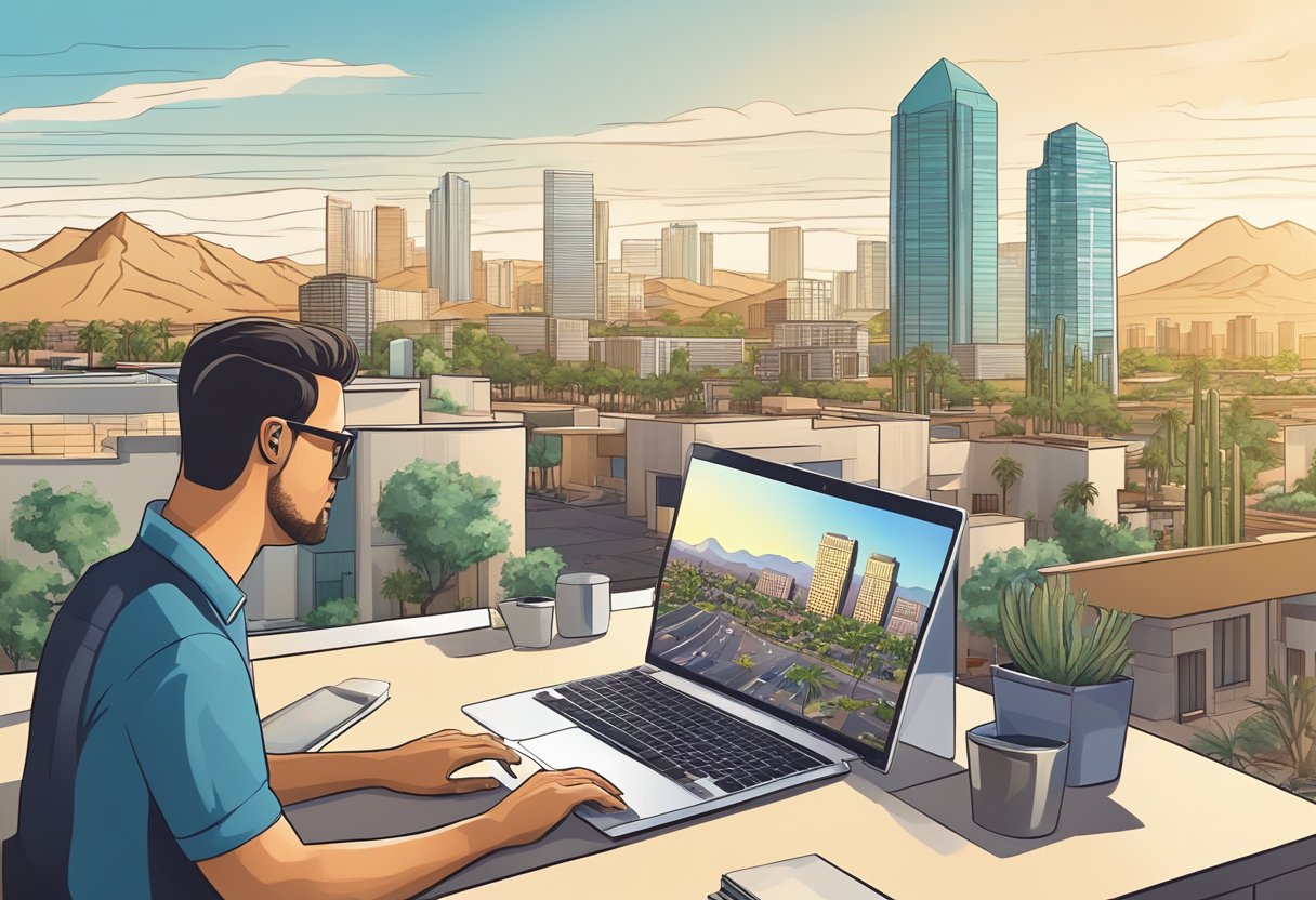A bustling cityscape in Phoenix, Arizona, with skyscrapers and residential buildings, surrounded by desert landscape and sunny skies. A real estate investor is seen analyzing financial data and property listings on a laptop