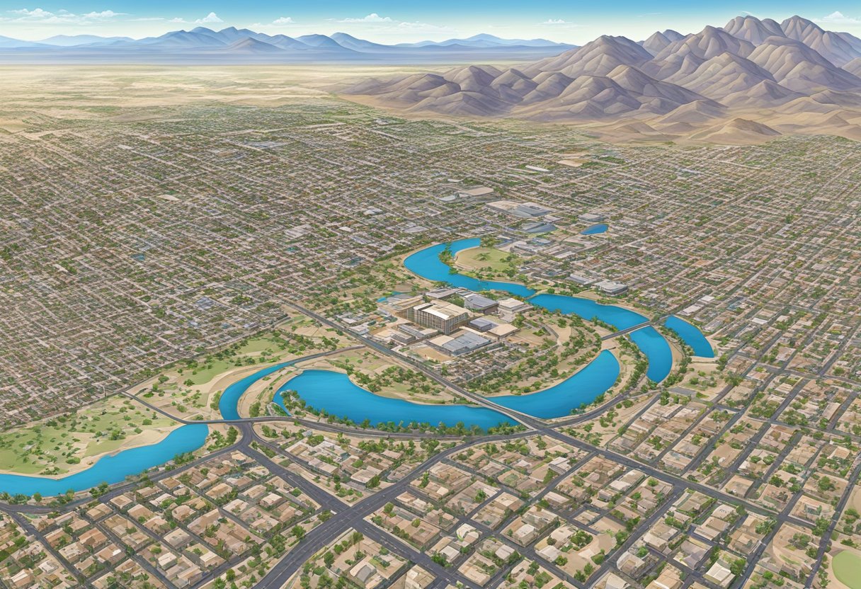 Aerial view of Phoenix, AZ. Suburban neighborhoods, commercial centers, and open desert landscapes. Sun shining, clear blue skies
