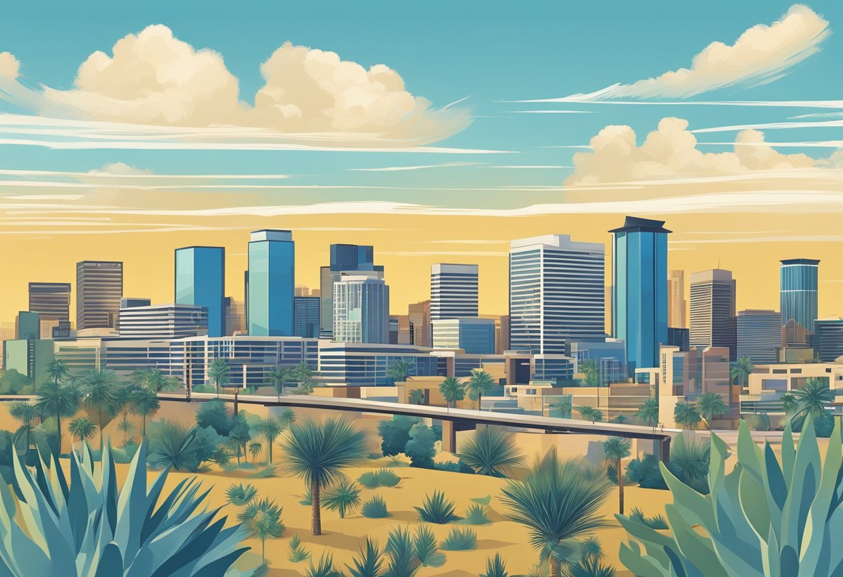 A skyline of Phoenix, Arizona with a mix of residential and commercial real estate properties under a clear blue sky