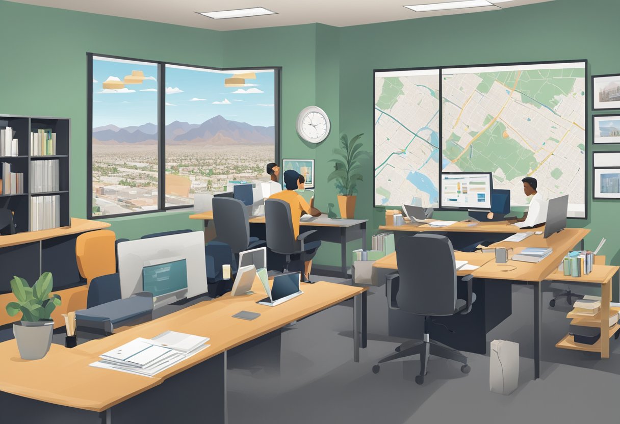 A bustling real estate office in Phoenix, AZ, with agents fielding questions from potential investors. A map of the city hangs on the wall, and brochures and pamphlets are scattered across the desks