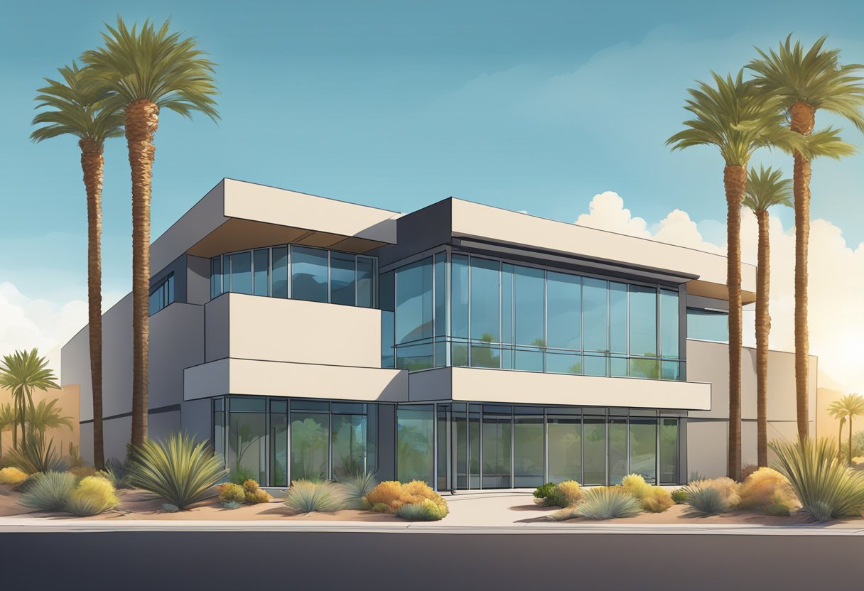 A modern office building in Scottsdale, AZ with a "For Sale" sign out front, surrounded by palm trees and desert landscaping