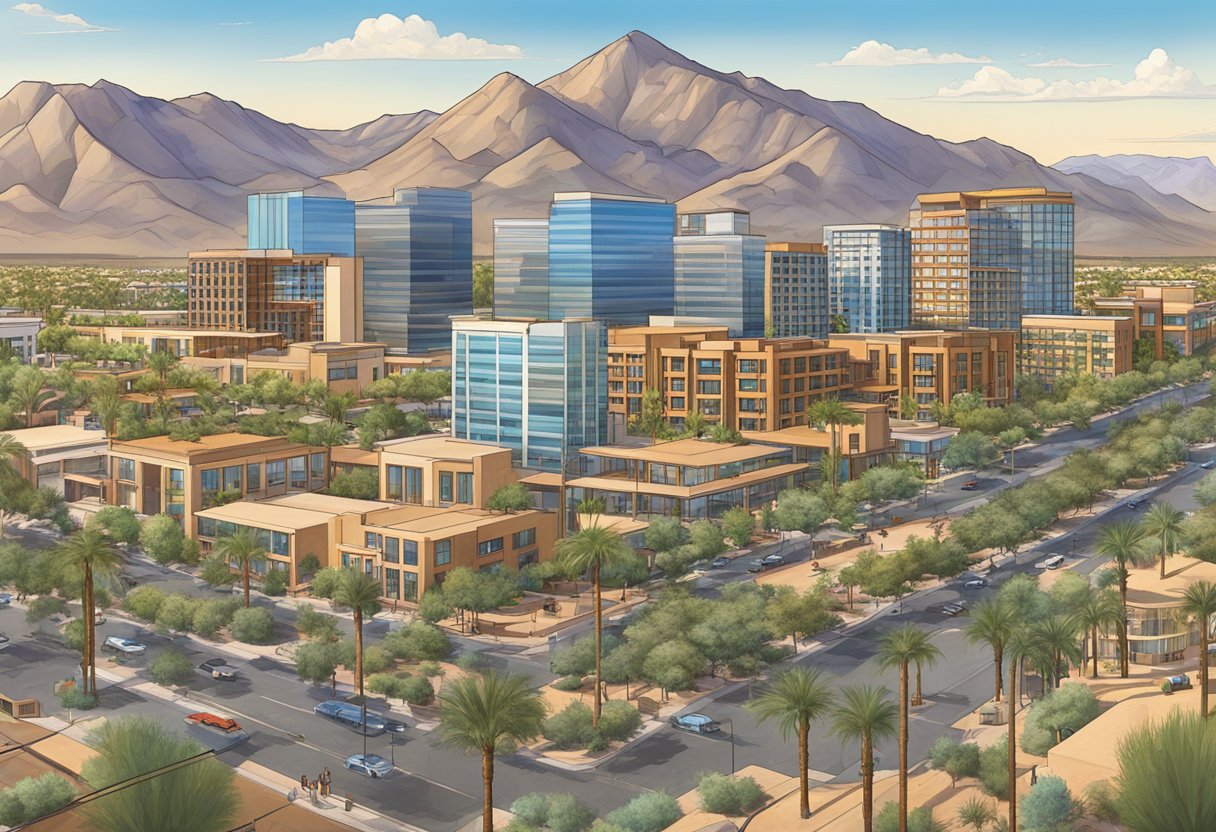 A bustling cityscape in Scottsdale, AZ with a mix of modern high-rise buildings and traditional southwestern architecture, surrounded by desert landscape and clear blue skies