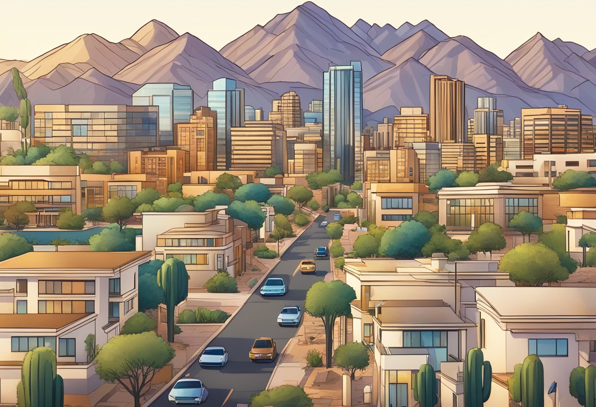 A bustling cityscape with modern high-rise buildings and suburban neighborhoods, surrounded by desert landscapes and mountains, symbolizing the diverse financial aspects of real estate investing in Scottsdale, AZ