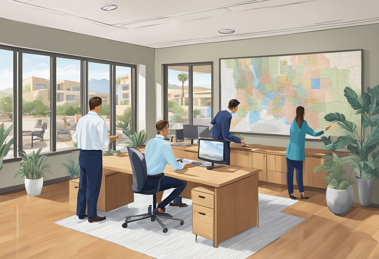 A bustling real estate office in Scottsdale, AZ, with agents and clients discussing investment opportunities, maps and property listings covering the walls