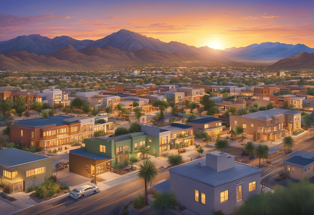 A bustling cityscape in Tucson, AZ with a mix of residential and commercial properties. The sun sets behind the mountains, casting a warm glow over the vibrant real estate market
