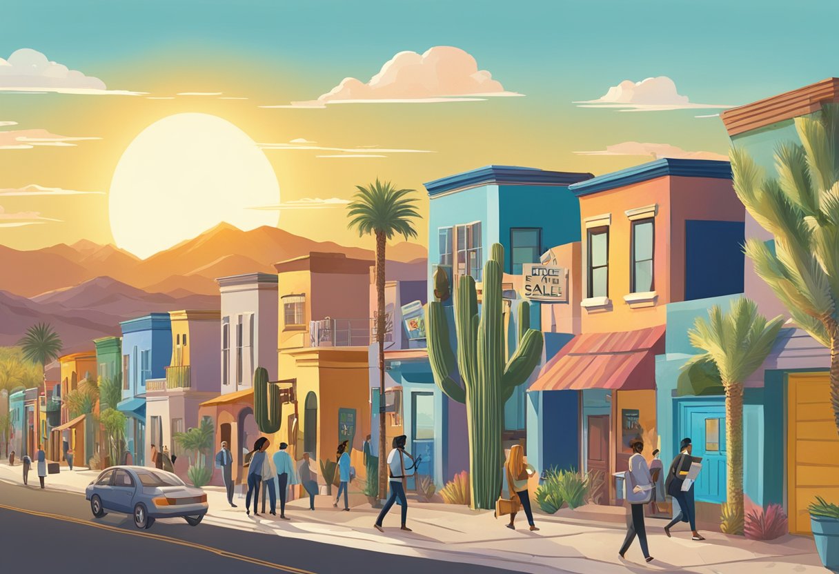 A bustling street in Tucson, with "For Sale" signs on colorful houses. People are shaking hands, exchanging keys, and signing contracts. The sun is shining, and the desert landscape is visible in the background