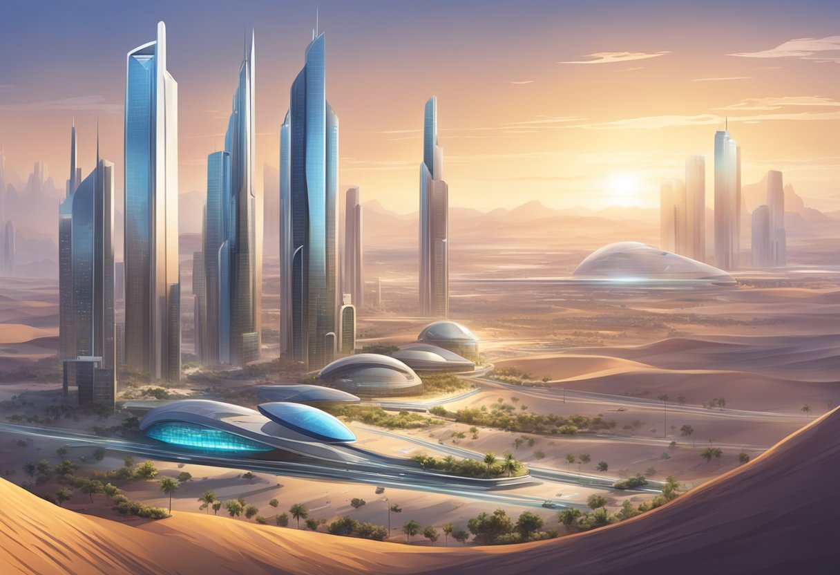 A futuristic cityscape with sleek skyscrapers and modern buildings, surrounded by desert landscape and featuring advanced infrastructure and technology