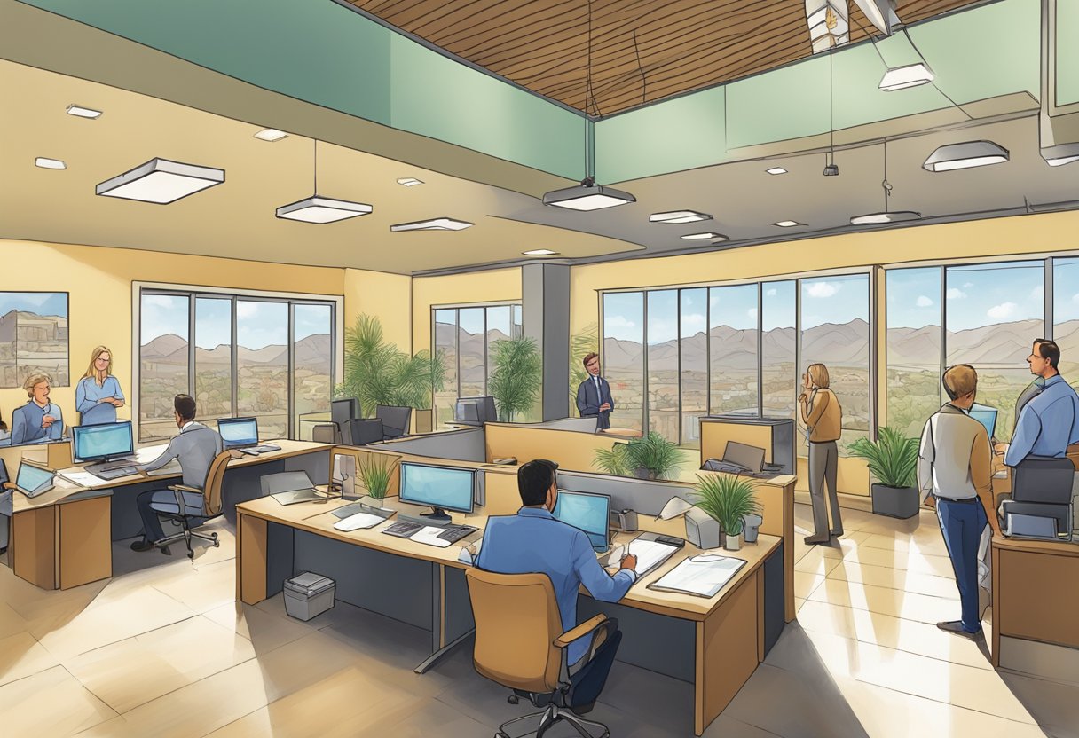 A bustling real estate office in Tucson, AZ, with agents fielding questions from eager investors. Maps and property listings cover the walls, creating a sense of excitement and opportunity