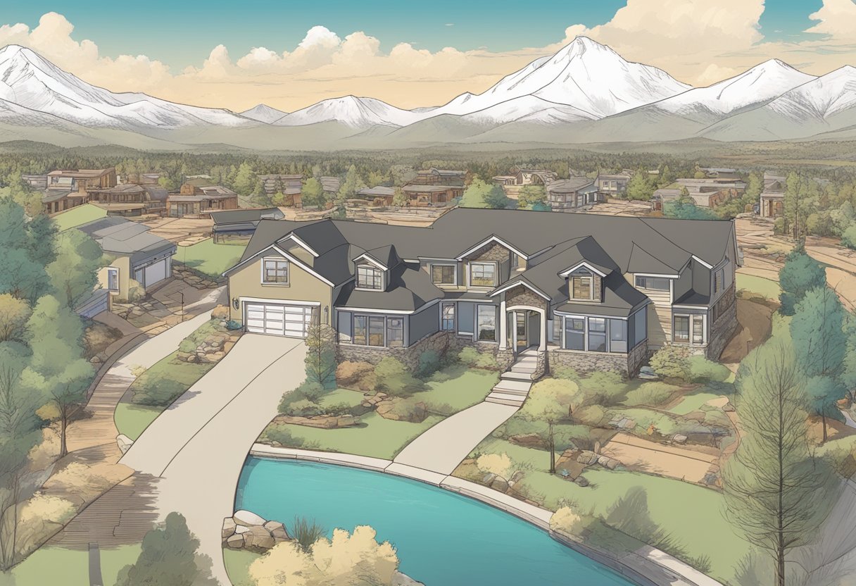 An investor researching real estate in Flagstaff, AZ, surrounded by property listings, financial reports, and a map of the area
