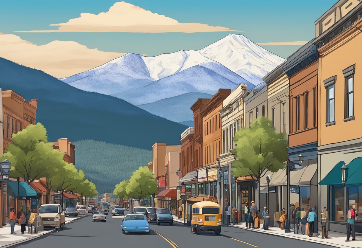 A bustling downtown street in Flagstaff, Arizona with a mix of historic and modern buildings, surrounded by the picturesque backdrop of the San Francisco Peaks