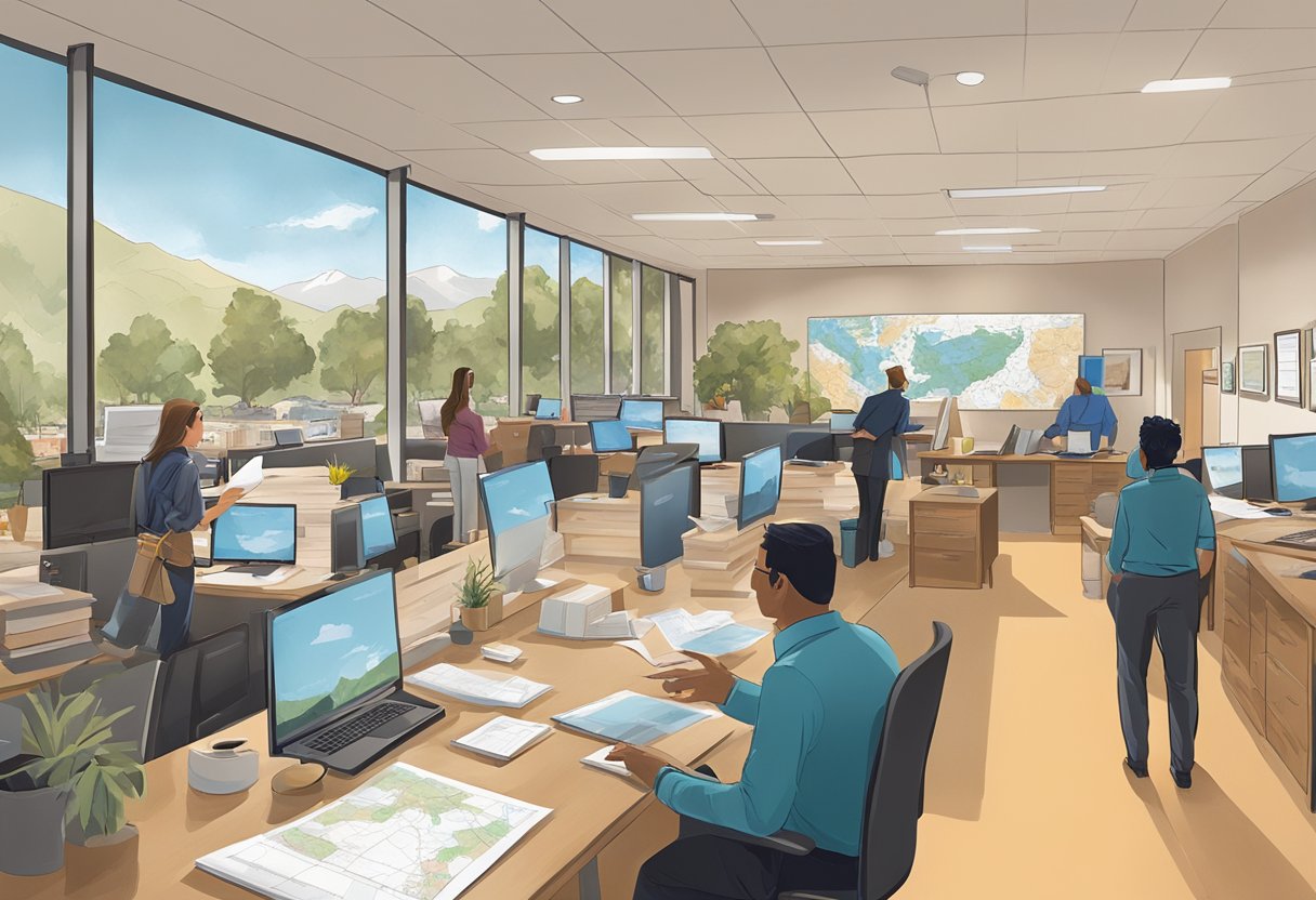 A bustling real estate office in Flagstaff, Arizona with people discussing and reviewing investment opportunities. The walls are adorned with maps and property listings, creating a dynamic and energetic atmosphere
