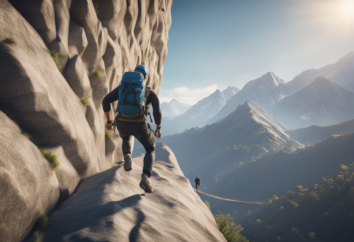 A person conquering obstacles while climbing a mountain, symbolizing overcoming challenges to achieve financial independence through passive income