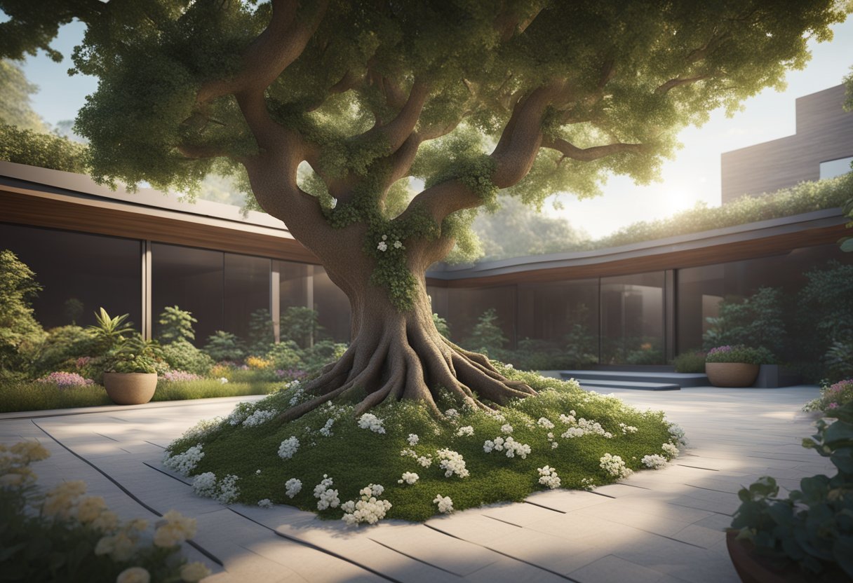 A tree with roots spreading deep into the ground, surrounded by flourishing plants and flowers, symbolizing the growth mindset in real estate investing