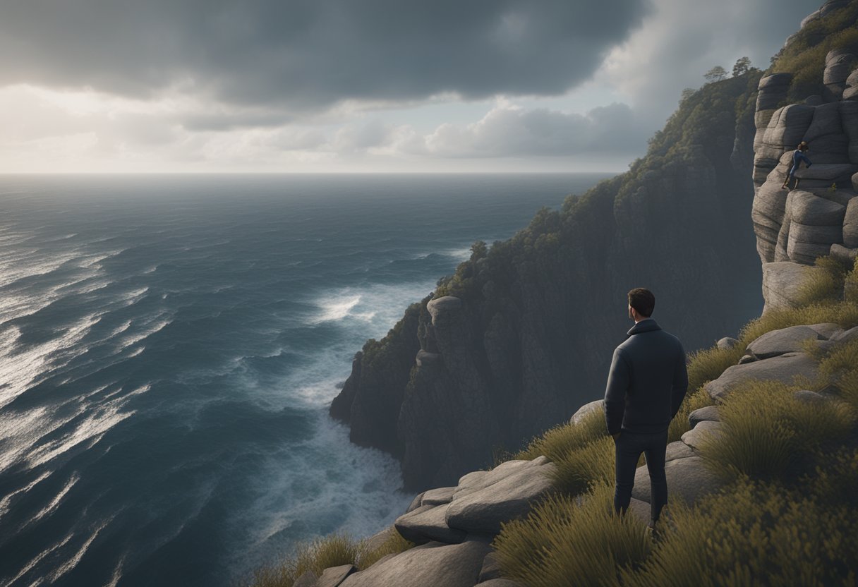 A figure stands confidently on a cliff edge, overlooking a vast and tumultuous sea. The figure appears unfazed by the stormy waters below, embodying the mindset of embracing and mitigating risks in real estate investing