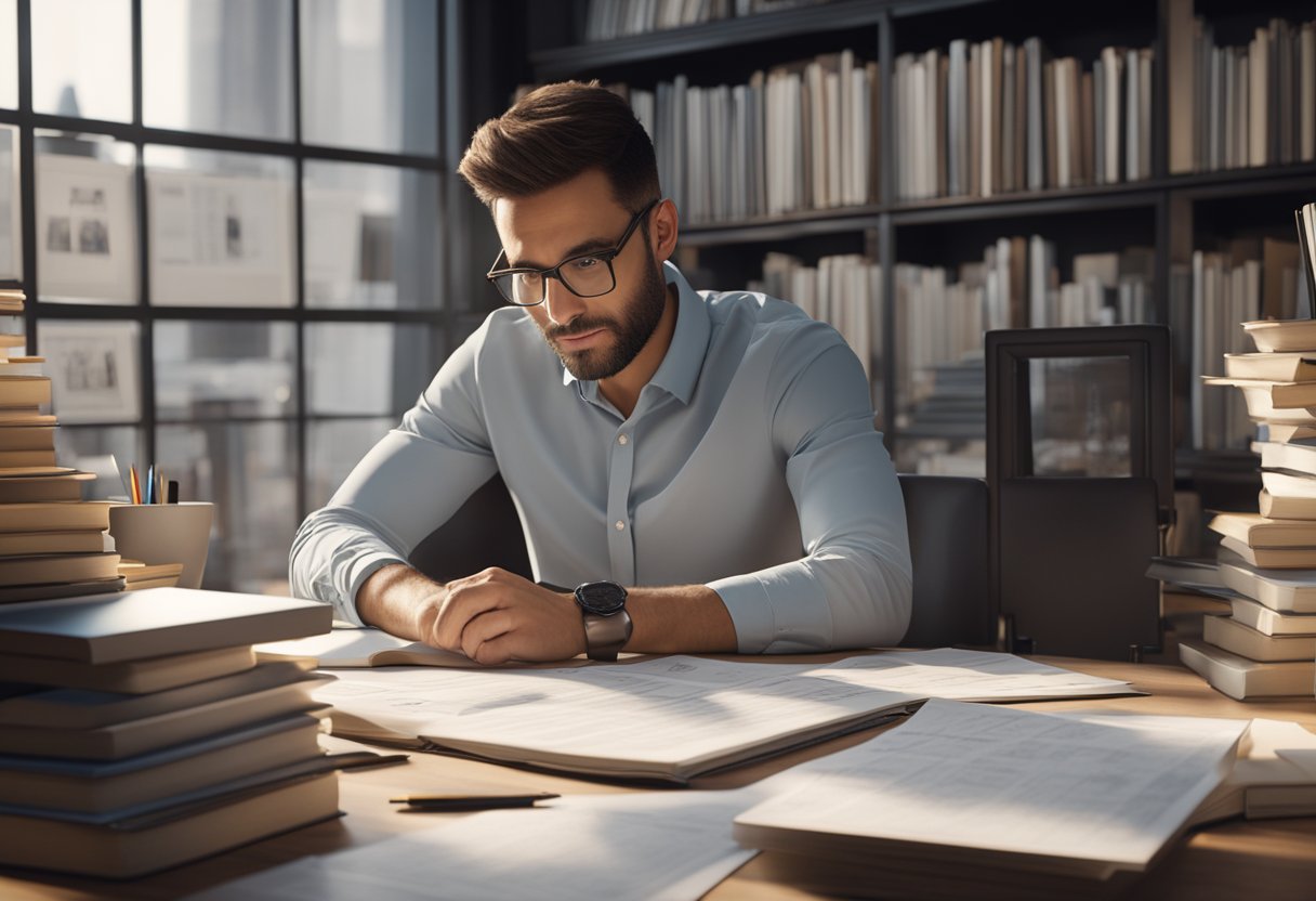 A person reviewing real estate data charts, surrounded by books and notes, with a determined expression
