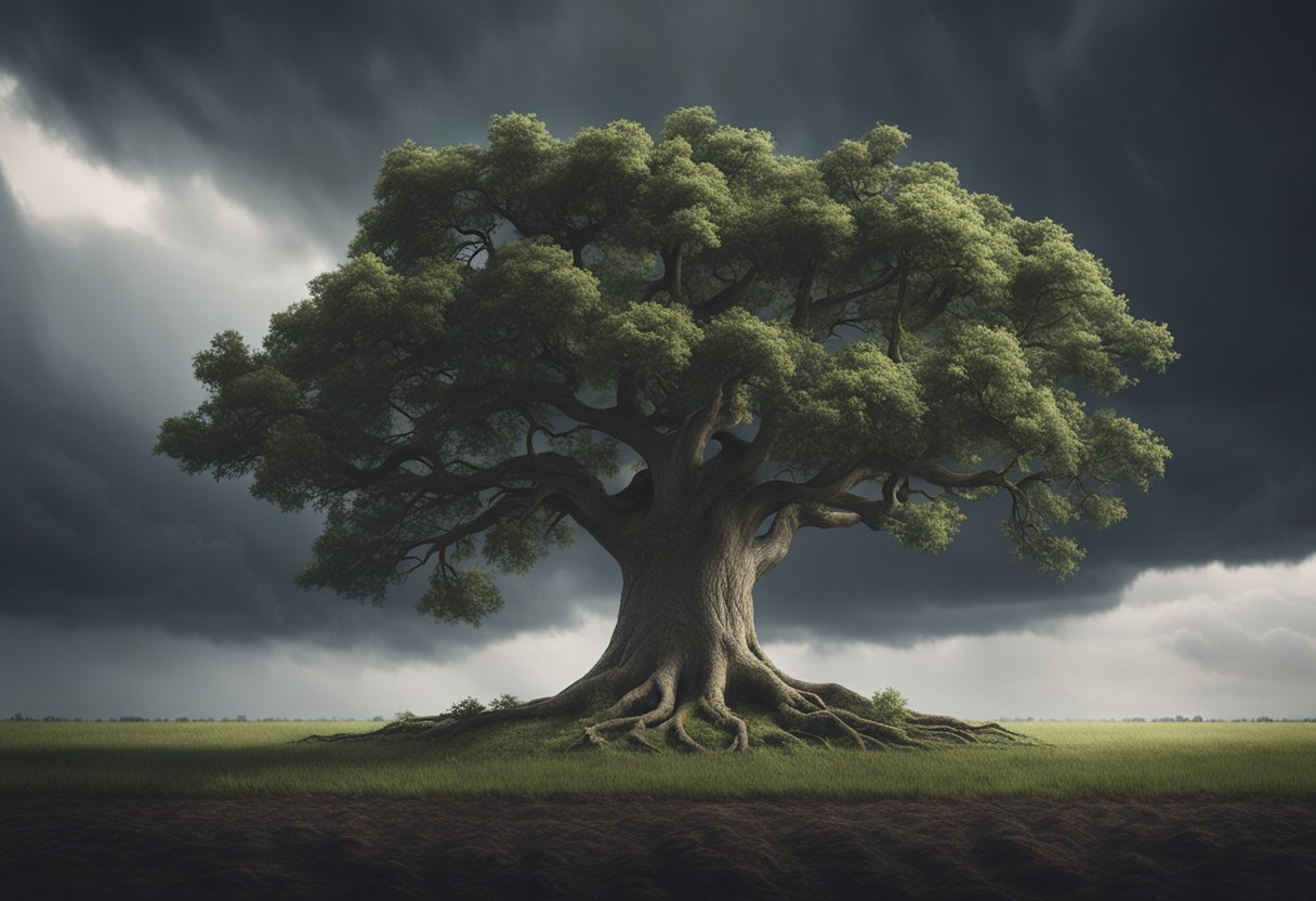 A sturdy oak tree stands tall amidst a storm, its roots firmly anchored in the ground. Dark clouds loom overhead, but the tree remains unwavering, symbolizing the resilient mindset needed for successful real estate investing