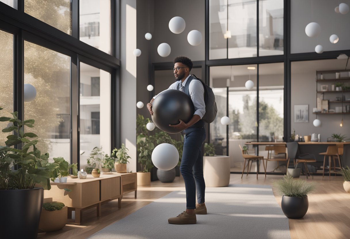 A person juggling multiple side hustles while investing in real estate with a determined and focused mindset