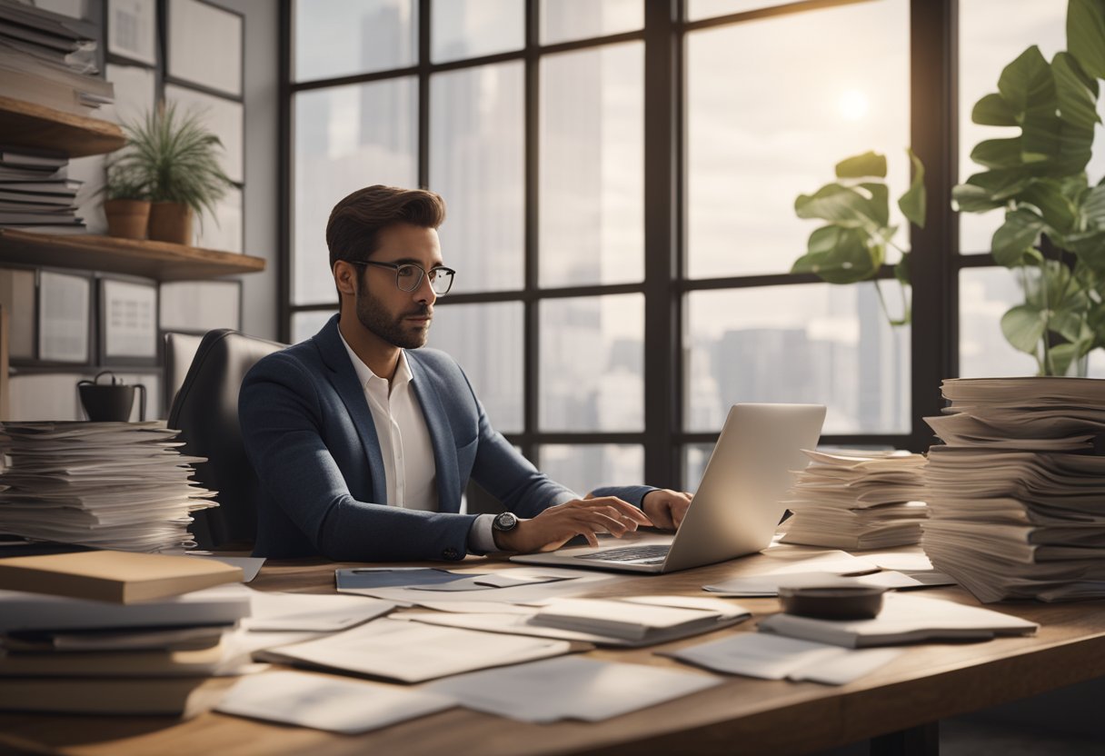A person sitting at a desk with a laptop and financial documents, surrounded by real estate investment books and charts. A determined expression on their face as they plan for early retirement