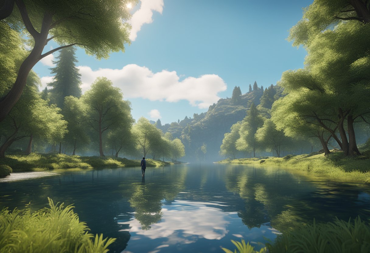 A serene landscape with a clear blue sky, a peaceful lake, and a lush green forest. A figure walks away from a traditional financial institution, symbolizing detachment from traditional financial advice