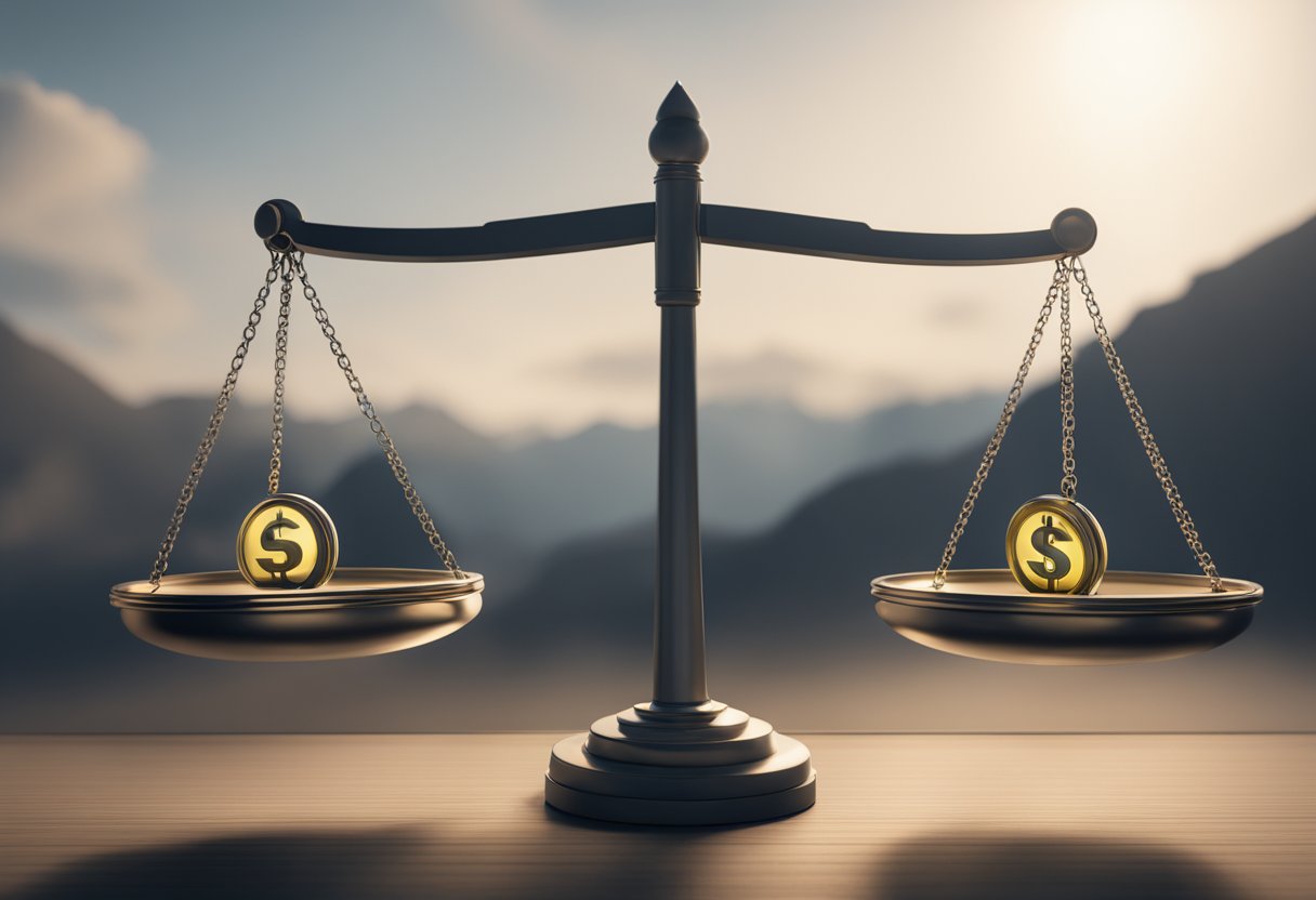 A scale with "risk" on one side and "reward" on the other. A hand hesitating between the two, representing the struggle of managing fear in non-traditional investments
