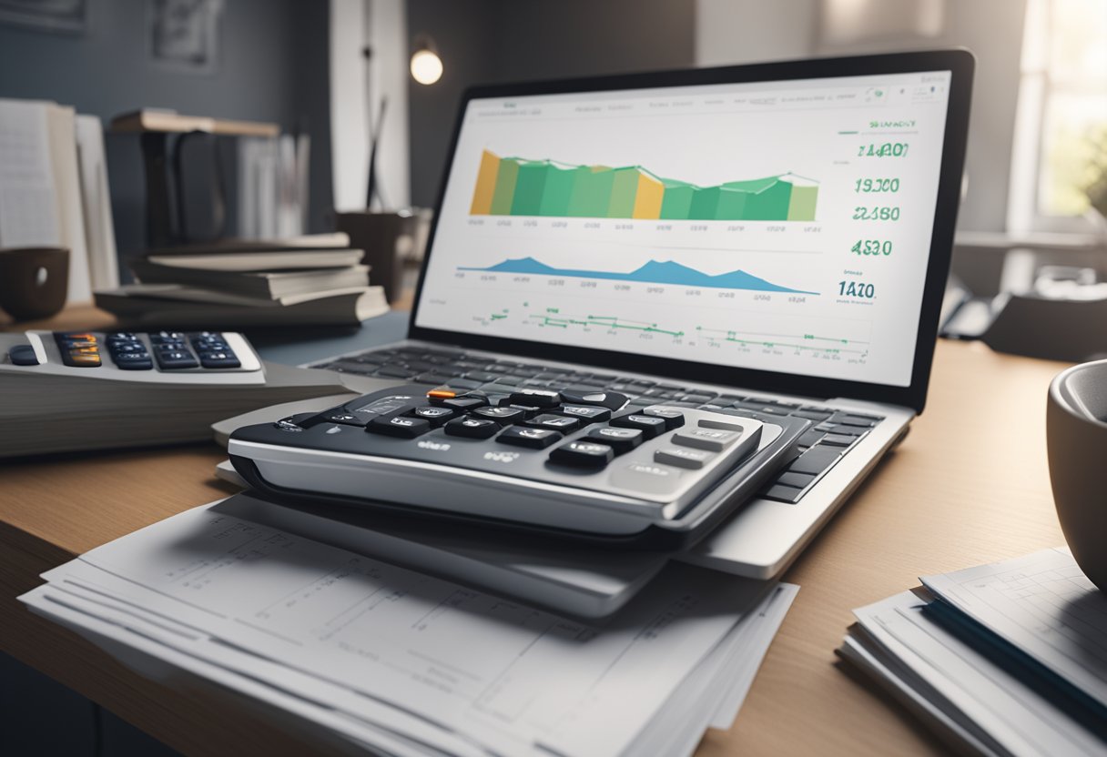 A stack of financial books and a calculator sit on a desk, with a chart showing investment growth on the wall. A person looks at retirement savings options
