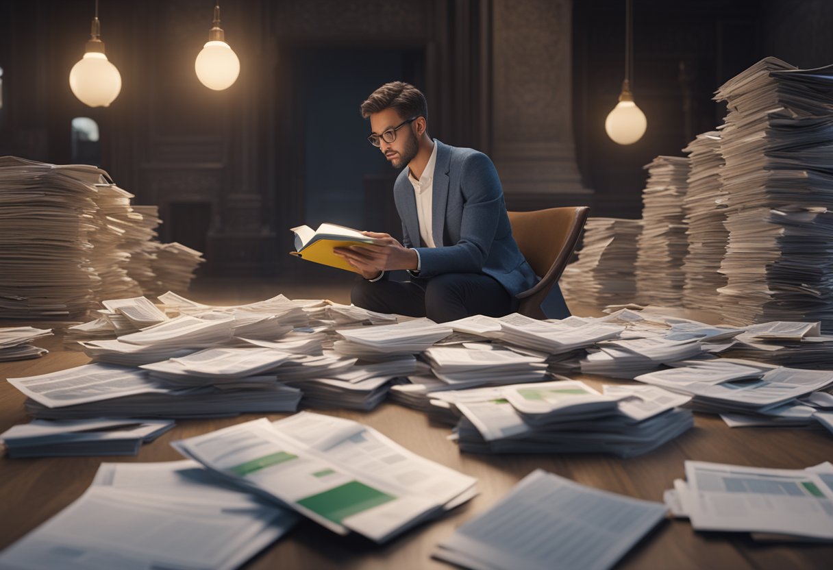 A person reading financial education materials, surrounded by traditional financial advisor materials being discarded