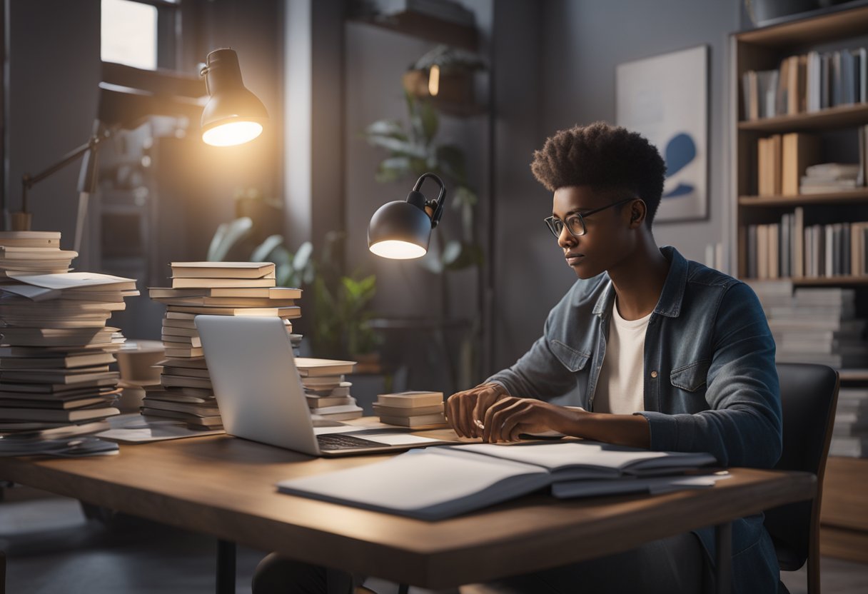 A person working on a laptop while surrounded by various side hustle projects and financial education books
