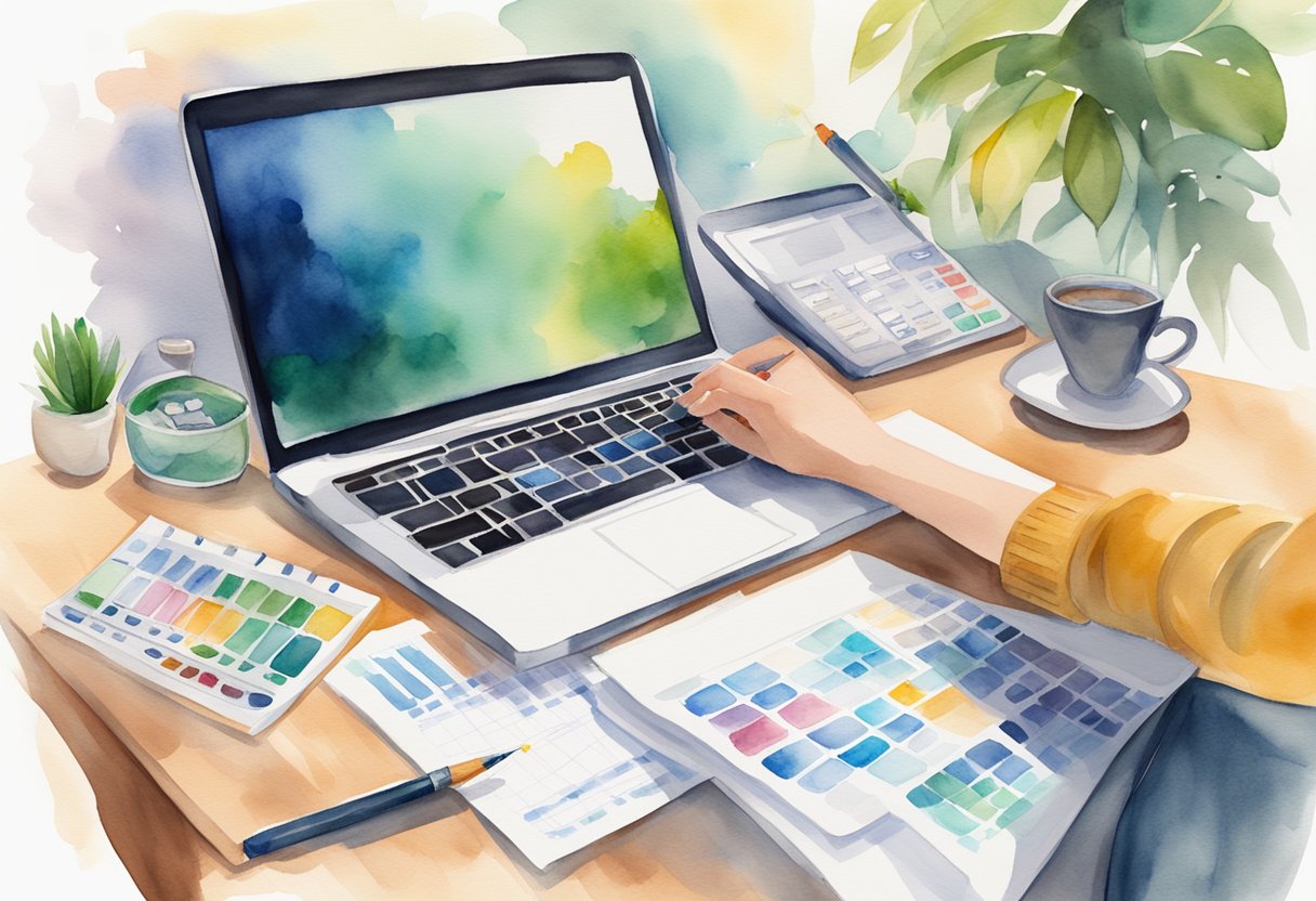 A desk with a laptop, calculator, and financial documents. A person writing notes on a notepad. A vision board with images of financial goals and aspirations