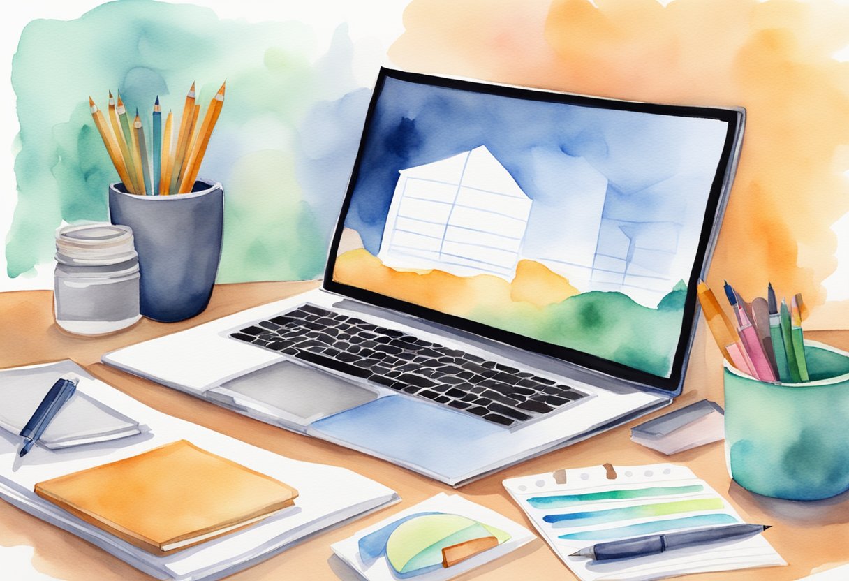 A desk with a laptop, notebook, and pen. A chart showing income, expenses, and savings. A vision board with goals and aspirations